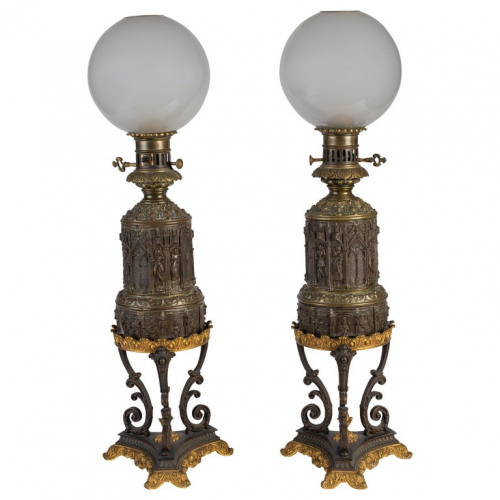 A Pair of Gothic Revival Gilt and Patinated Bronze Oil Lamps